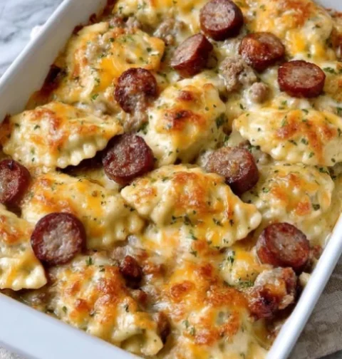 Cheesy Sausage and Ravioli Bake