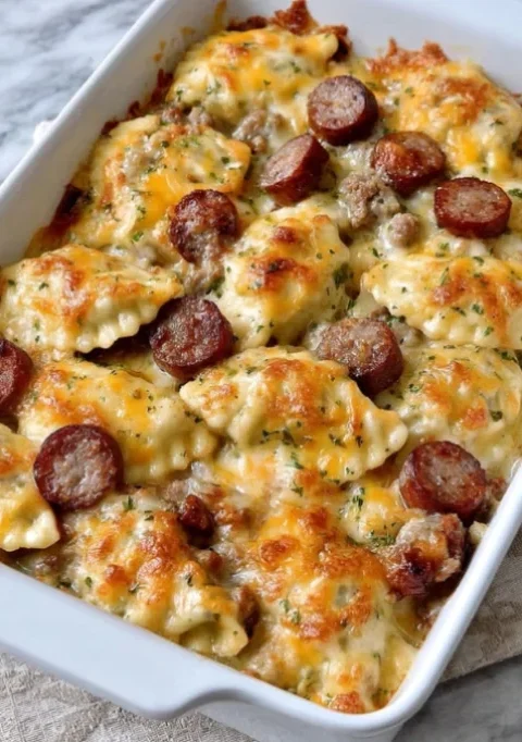 Cheesy Sausage and Ravioli Bake