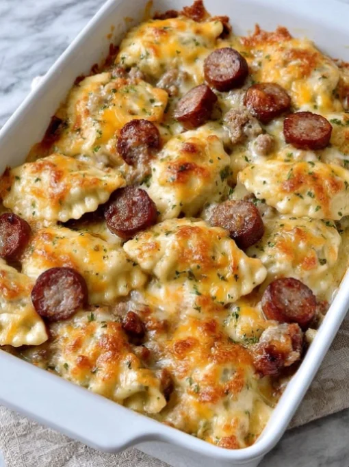 Cheesy Sausage and Ravioli Bake