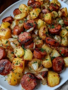 Fried Potatoes Onions and Smoke Polish Sausage