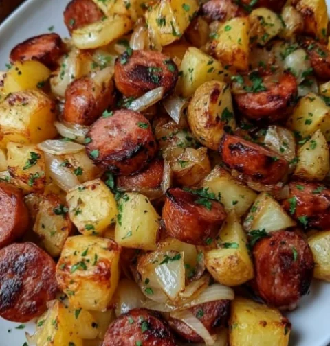 Fried Potatoes Onions and Smoke Polish Sausage