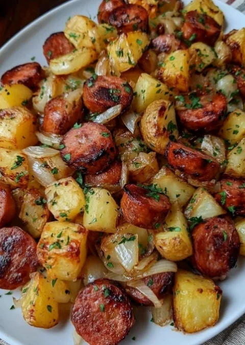 Fried Potatoes Onions and Smoke Polish Sausage