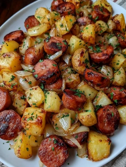 Fried Potatoes Onions and Smoke Polish Sausage