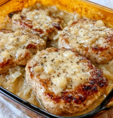 Oven Baked Pork Chops with Cream of Onion