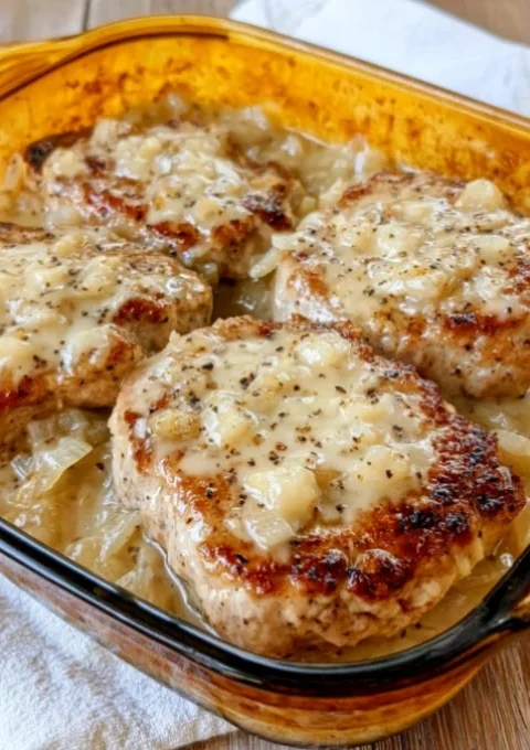 Oven Baked Pork Chops with Cream of Onion