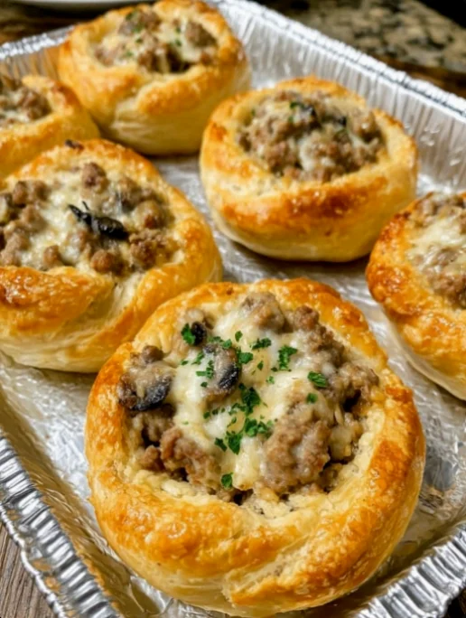 Sausage and Mushroom Puff Pastry Cups