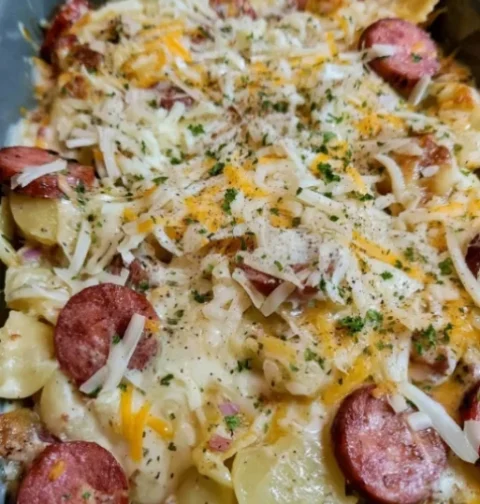 Slow Cooker Cheesy Kielbasa Hashbrown Casserole