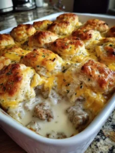 Biscuits and Gravy with Sausage and Egg Breakfast Casserole