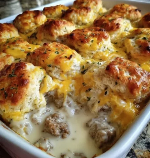 Biscuits and Gravy with Sausage and Egg Breakfast Casserole