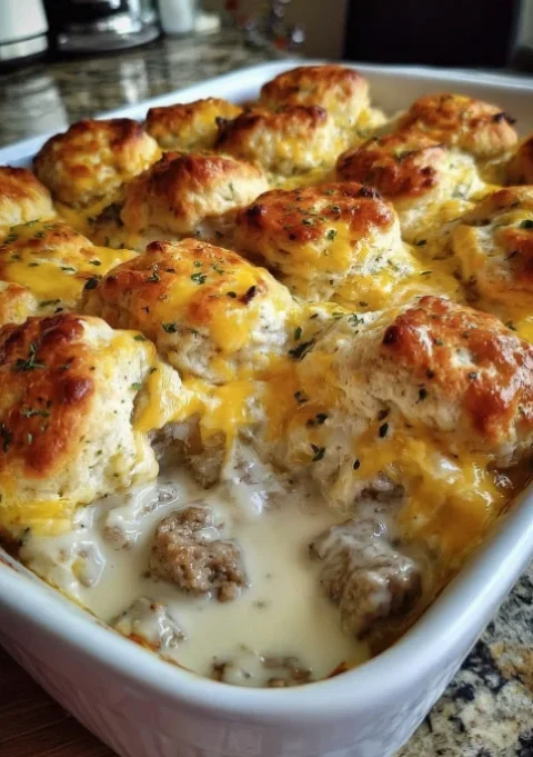 Biscuits and Gravy with Sausage and Egg Breakfast Casserole