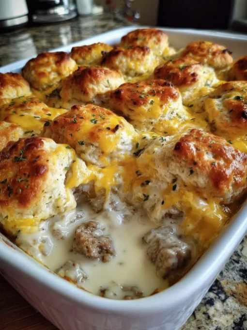 Biscuits and Gravy with Sausage and Egg Breakfast Casserole