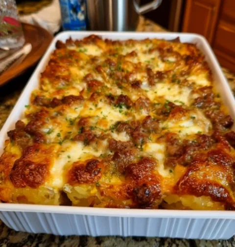 Sausage & Cream Cheese Hash Brown Breakfast Casserole