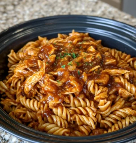 Slow Cooker 3-Ingredient BBQ Chicken Pasta