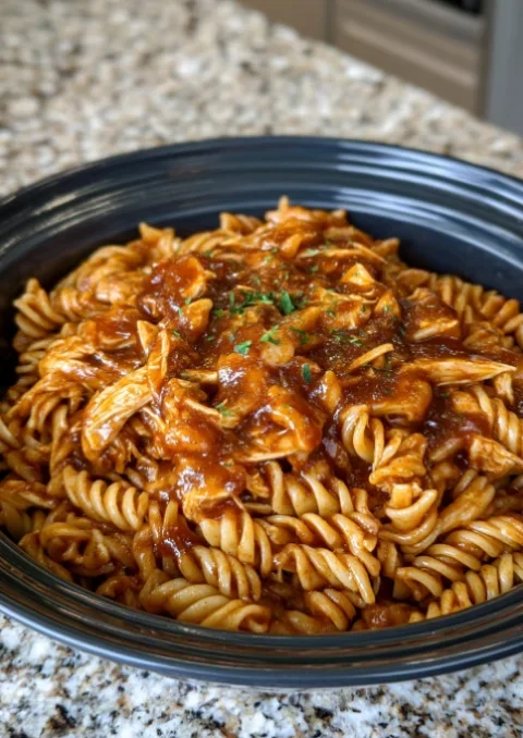 Slow Cooker 3-Ingredient BBQ Chicken Pasta
