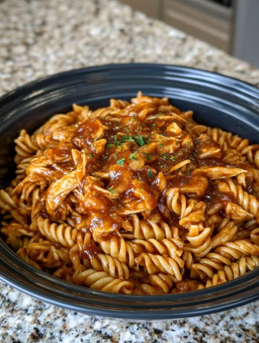 Slow Cooker 3-Ingredient BBQ Chicken Pasta