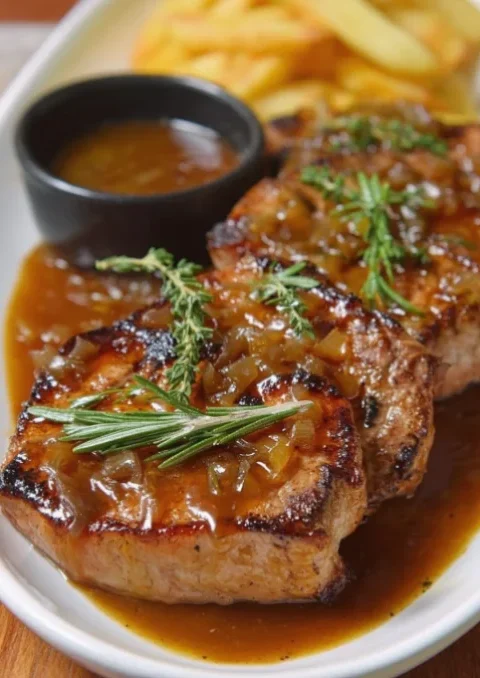 Smothered Pork Chops with Onions in Red Eye Gravy